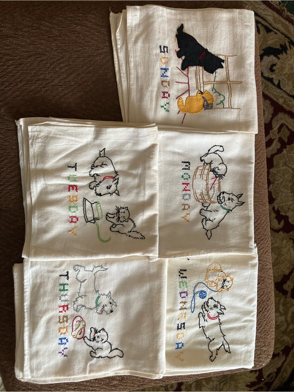 Embroidered Kitten Tea Towels - Set of 6 - Days of the Week